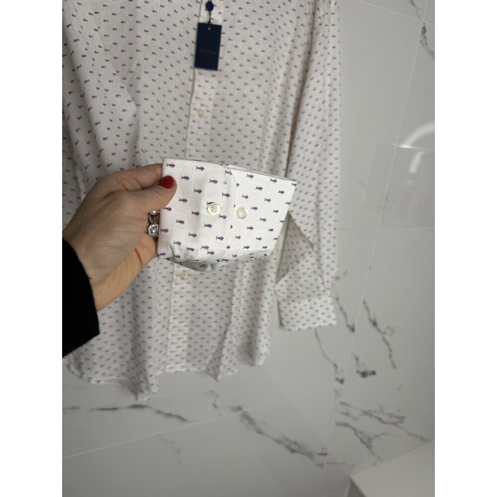 NWT David Donahue White Button Down Fishbone Pattern Fusion Linen 15.5 3…​ - Picture 2 of 11